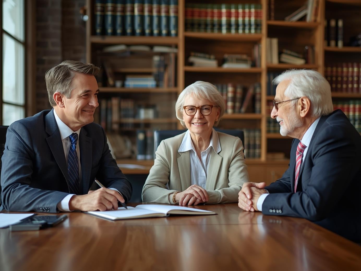 Three professionals sit around a wooden table, smiling and seemingly engaged in a discussion.