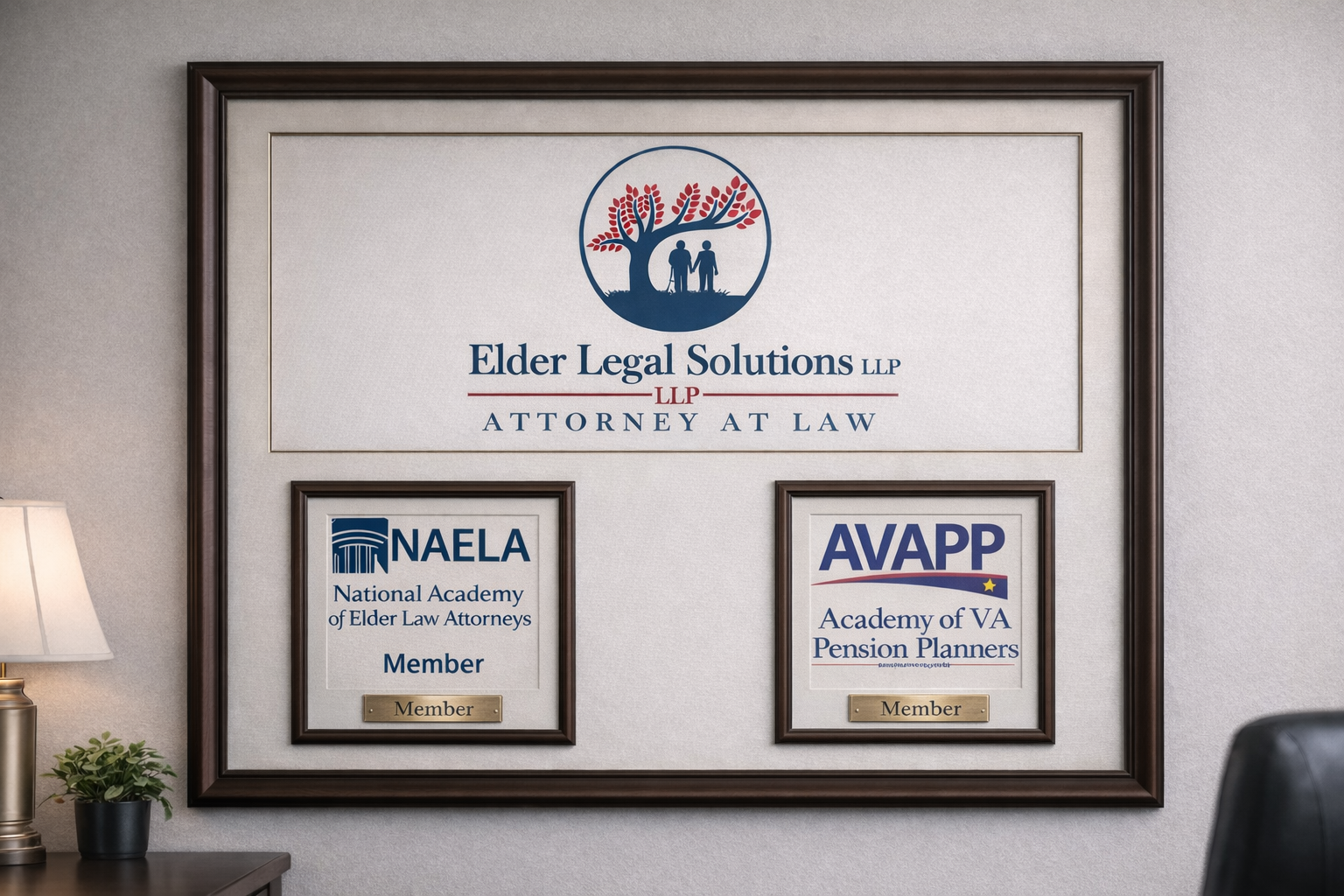 Framed certificates and logos display memberships in legal and pension planning academies.
