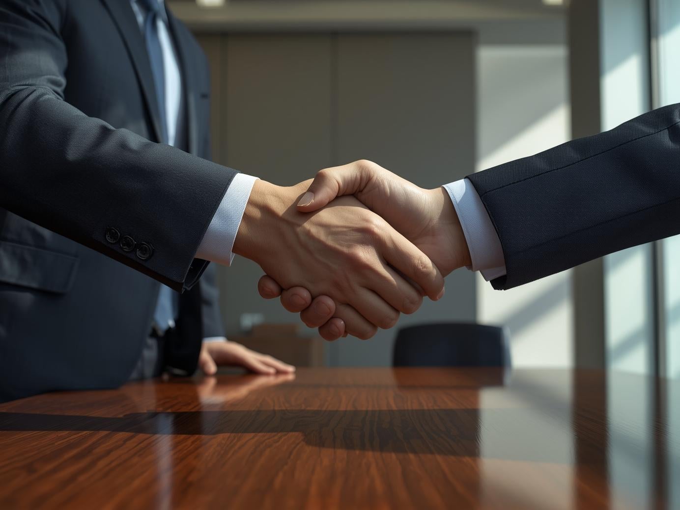 Two people in suits shake hands across a wooden table, signifying a business agreement.