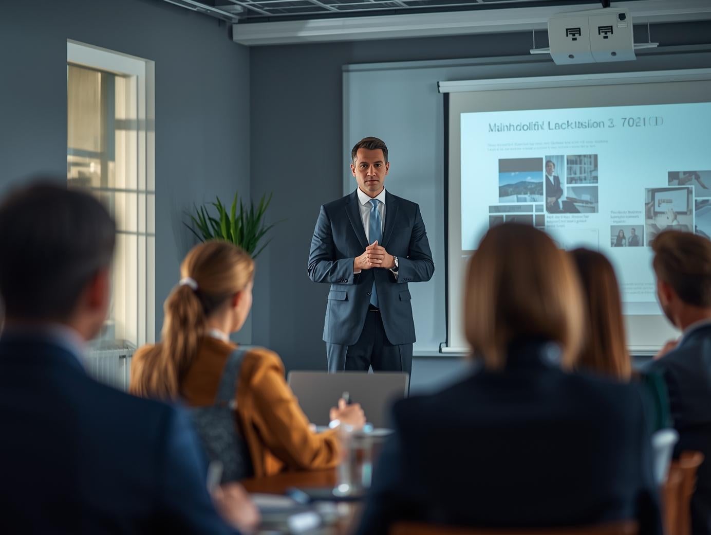 A smartly dressed man presents a slideshow to an audience in a modern conference room.