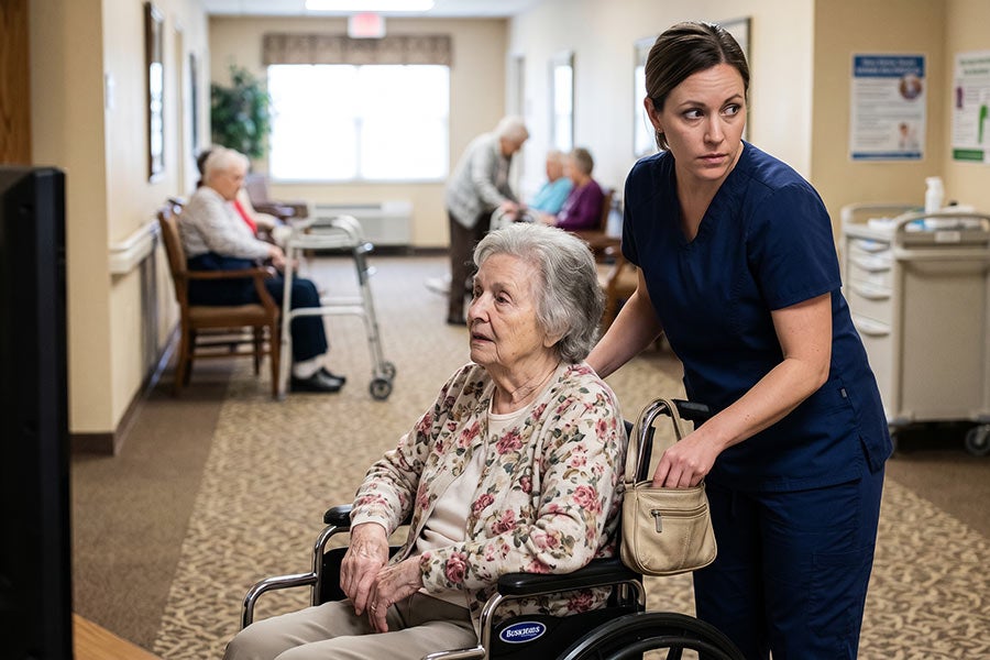 A nurse in blue scrubs pushes an elderly woman in a wheelchair through a common room in a care facility.