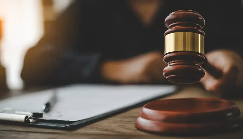 A wooden gavel sits above its sound block on a legal desk with papers and partially visible person's arm.